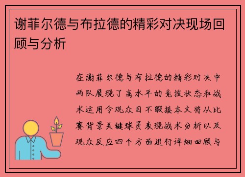 谢菲尔德与布拉德的精彩对决现场回顾与分析