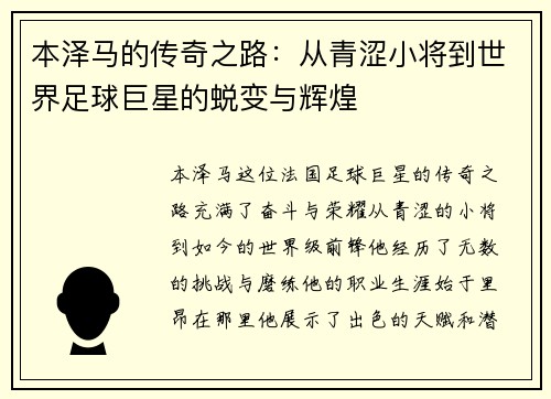 本泽马的传奇之路：从青涩小将到世界足球巨星的蜕变与辉煌
